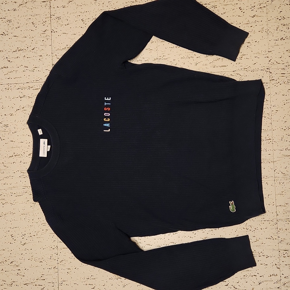 Lacoste Navy Blue Multi Color Embroidered Spell Out Logo Knit Crewneck Sweater